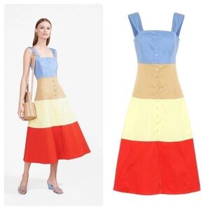 STAUD Colorblock Midi Dress - Blue, Tan, Yellow, Red